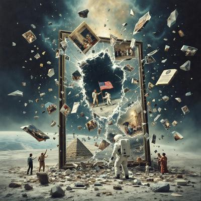 The primary subject of the image is a large picture frame with a broken mirror, which is surrounded by various photographs and images. The setting is a space environment, with a backdrop of a moon and a rocket. The visual style is a combination of digital art and illustration, creating a unique and intriguing scene. The colors and mood of the image are predominantly dark and moody, with the broken mirror and the space setting contributing to the overall atmosphere.
